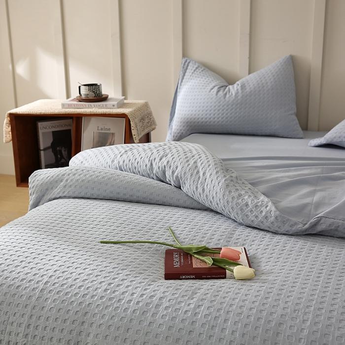 91家纺网 家纺一手货源 找家纺 日式无印风高端纯棉华夫格水洗棉全棉有质检简约四件套