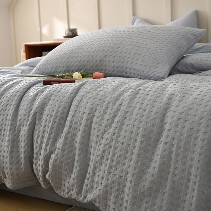 91家纺网 家纺一手货源 找家纺 日式无印风高端纯棉华夫格水洗棉全棉有质检简约四件套