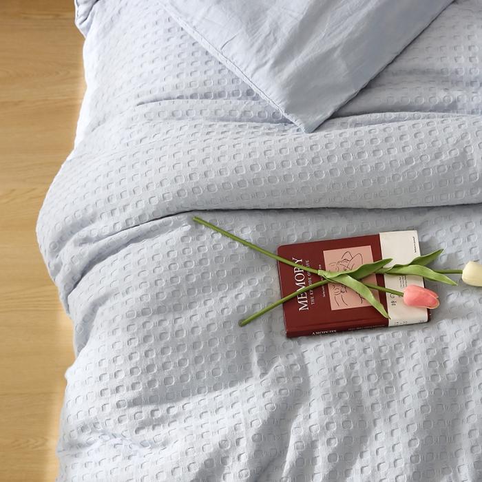 91家纺网 家纺一手货源 找家纺 日式无印风高端纯棉华夫格水洗棉全棉有质检简约四件套