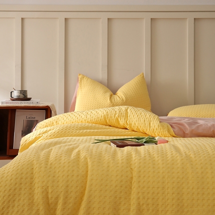 91家纺网 家纺一手货源 找家纺 日式无印风高端纯棉华夫格水洗棉全棉有质检简约四件套