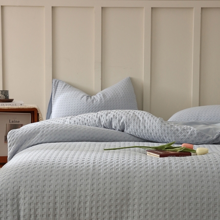 91家纺网 家纺一手货源 找家纺 日式无印风高端纯棉华夫格水洗棉全棉有质检简约四件套