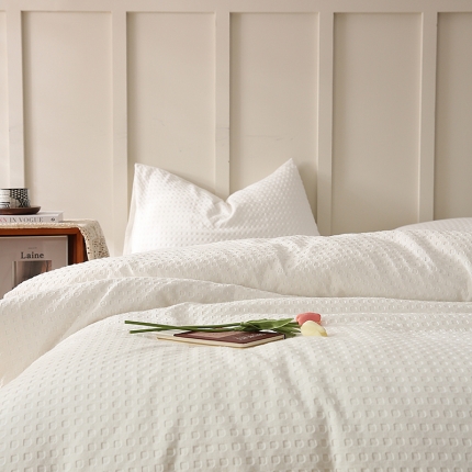 91家纺网 家纺一手货源 找家纺 日式无印风高端纯棉华夫格水洗棉全棉有质检简约四件套