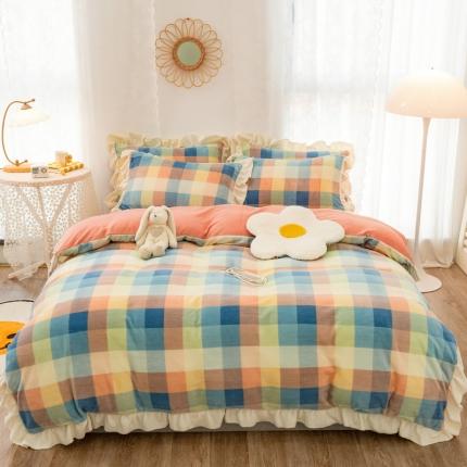 91家纺网 家纺一手货源 找家纺 丝羽坊2021新款北欧牛奶绒双拼四件套布丁格-蓝