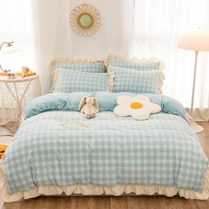 91家纺网 家纺一手货源 找家纺 丝羽坊2021新款北欧牛奶绒双拼四件套奶油格-蓝