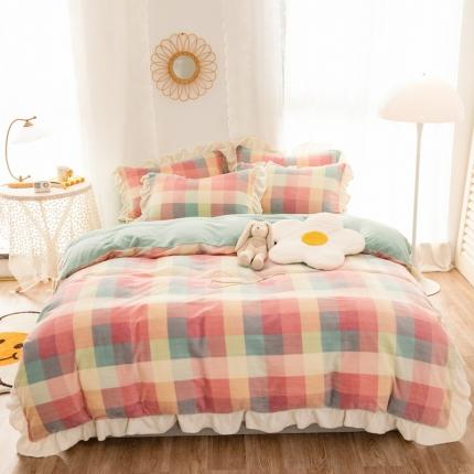 91家纺网 家纺一手货源 找家纺 丝羽坊2021新款北欧牛奶绒双拼四件套布丁格-粉