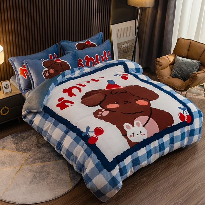 91家纺网 家纺一手货源 找家纺 寐居 2021新款大版数码印花牛奶绒四件套 快乐狗