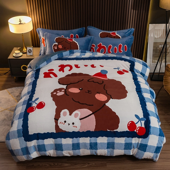 91家纺网 家纺一手货源 找家纺 寐居 2021新款大版数码印花牛奶绒四件套 快乐狗