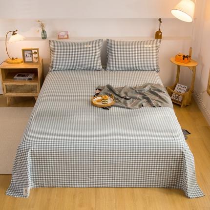 91家纺网 家纺一手货源 找家纺 拧萌2021新款全棉色织水洗棉单床单 浅蓝小格