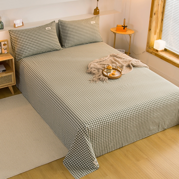 91家纺网 家纺一手货源 找家纺 拧萌2021新款全棉色织水洗棉单床单 草绿小格