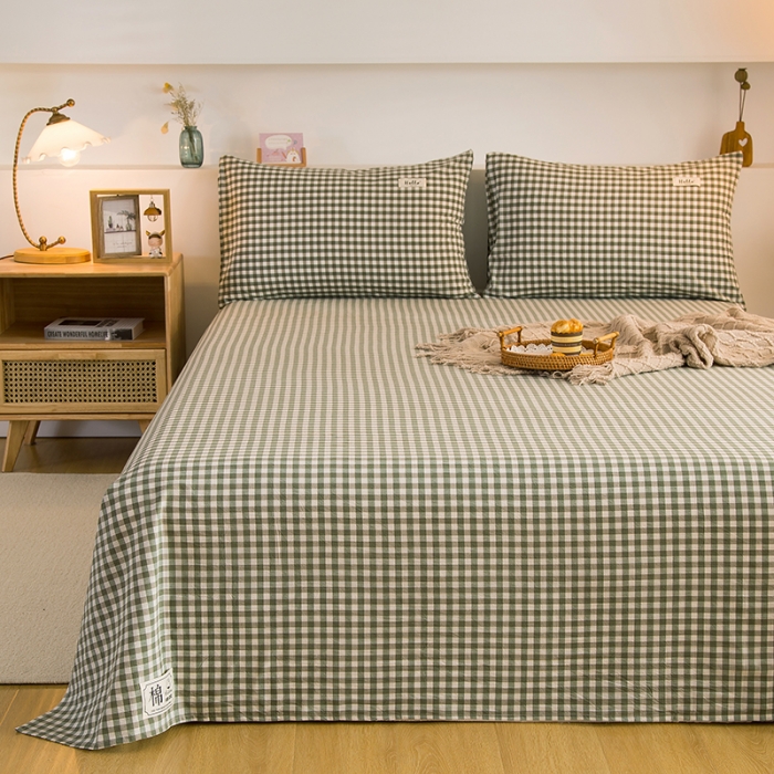 91家纺网 家纺一手货源 找家纺 拧萌2021新款全棉色织水洗棉单床单 草绿小格