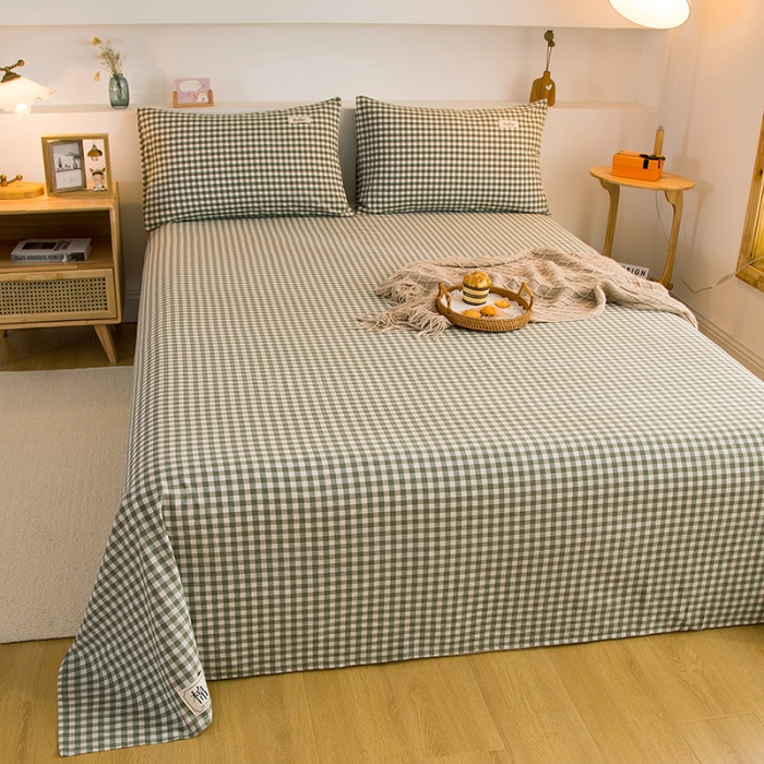 91家纺网 家纺一手货源 找家纺 拧萌2021新款全棉色织水洗棉单床单 草绿小格