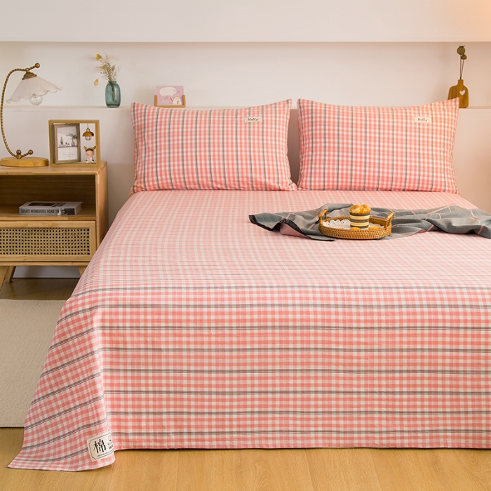 91家纺网 家纺一手货源 找家纺 拧萌2021新款全棉色织水洗棉单床单 粉灰小格