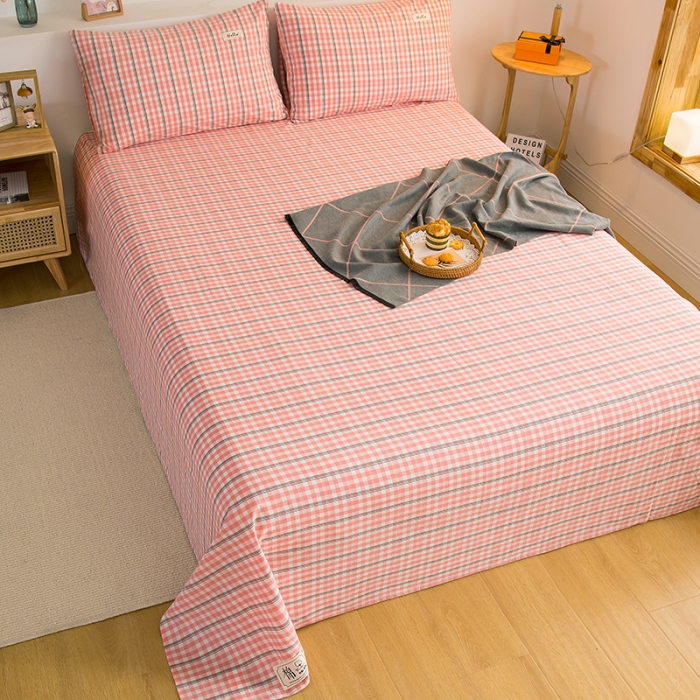 91家纺网 家纺一手货源 找家纺 拧萌2021新款全棉色织水洗棉单床单 粉灰小格