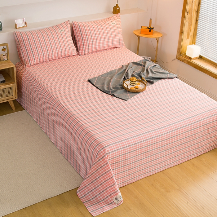 91家纺网 家纺一手货源 找家纺 拧萌2021新款全棉色织水洗棉单床单 粉灰小格