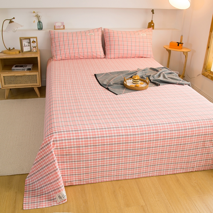 91家纺网 家纺一手货源 找家纺 拧萌2021新款全棉色织水洗棉单床单 粉灰小格