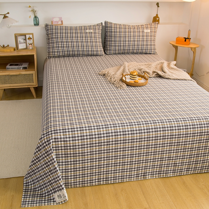 91家纺网 家纺一手货源 找家纺 拧萌2021新款全棉色织水洗棉单床单 灰黄小格