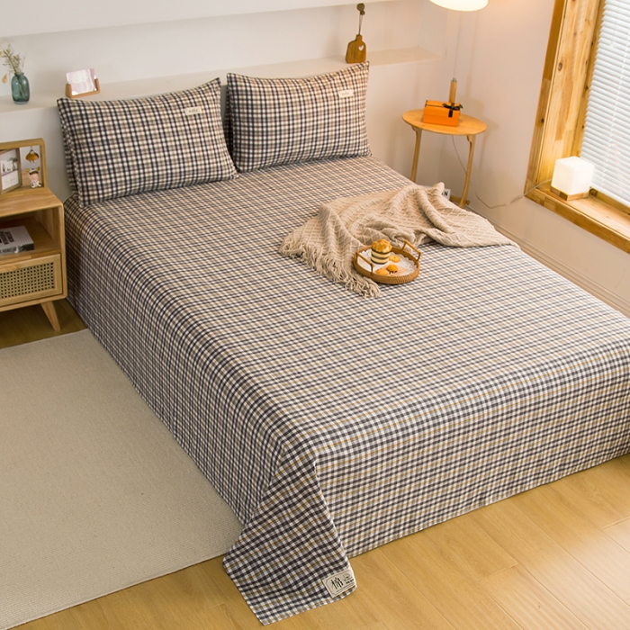 91家纺网 家纺一手货源 找家纺 拧萌2021新款全棉色织水洗棉单床单 灰黄小格