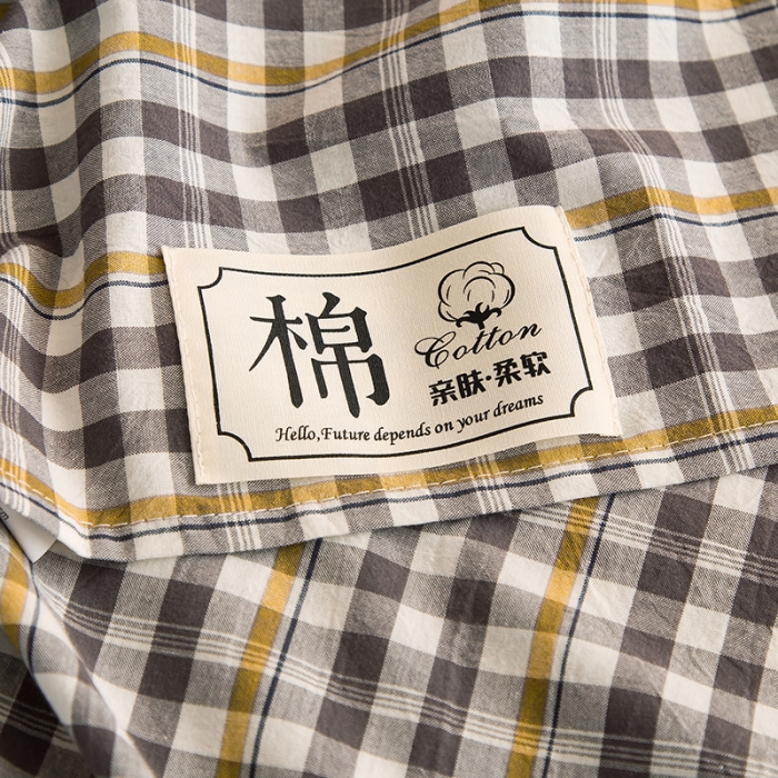 91家纺网 家纺一手货源 找家纺 拧萌2021新款全棉色织水洗棉单床单 灰黄小格