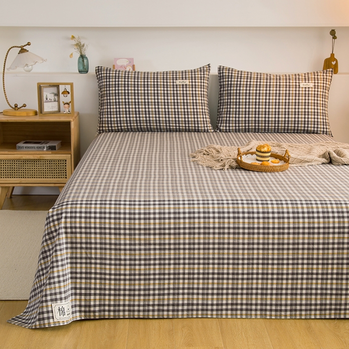 91家纺网 家纺一手货源 找家纺 拧萌2021新款全棉色织水洗棉单床单 灰黄小格