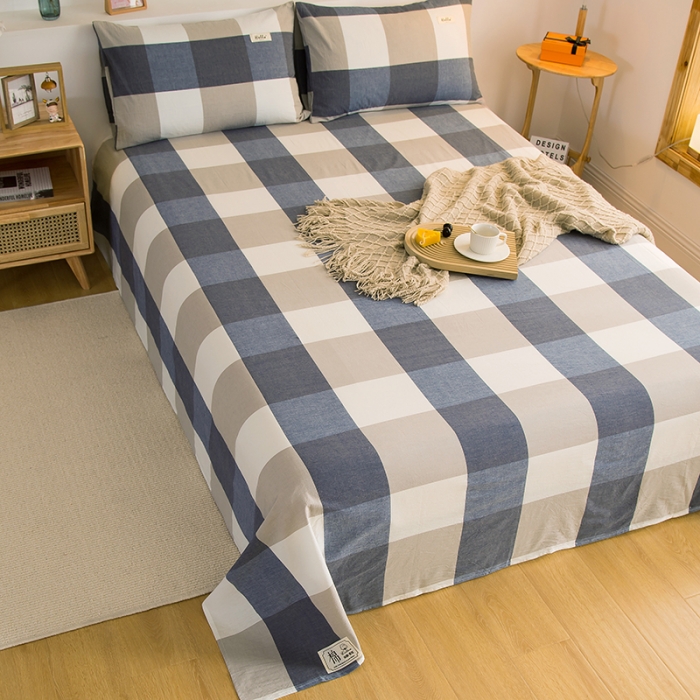 91家纺网 家纺一手货源 找家纺 拧萌2021新款全棉色织水洗棉单床单 蓝大格