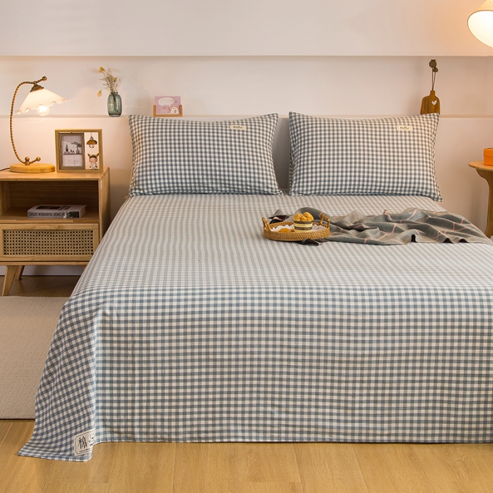 91家纺网 家纺一手货源 找家纺 拧萌2021新款全棉色织水洗棉单床单 浅蓝小格