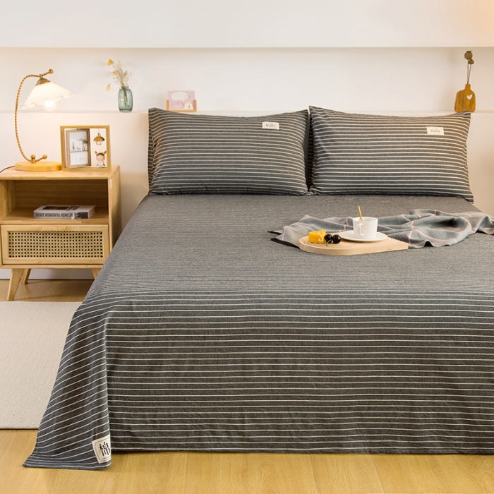 91家纺网 家纺一手货源 找家纺 拧萌2021新款全棉色织水洗棉单床单 中条纹深灰