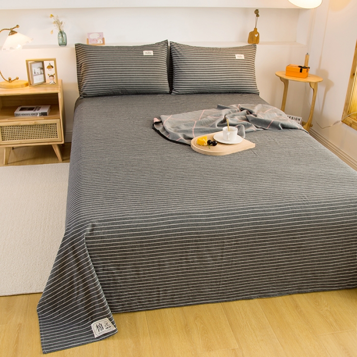 91家纺网 家纺一手货源 找家纺 拧萌2021新款全棉色织水洗棉单床单 中条纹深灰