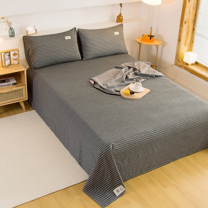 91家纺网 家纺一手货源 找家纺 拧萌2021新款全棉色织水洗棉单床单 中条纹深灰