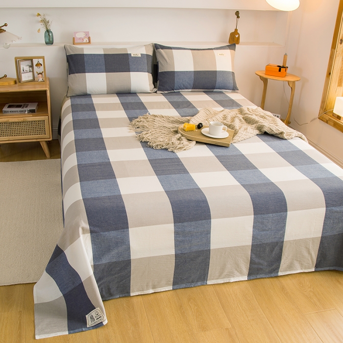 91家纺网 家纺一手货源 找家纺 拧萌2021新款全棉色织水洗棉单床单 蓝大格