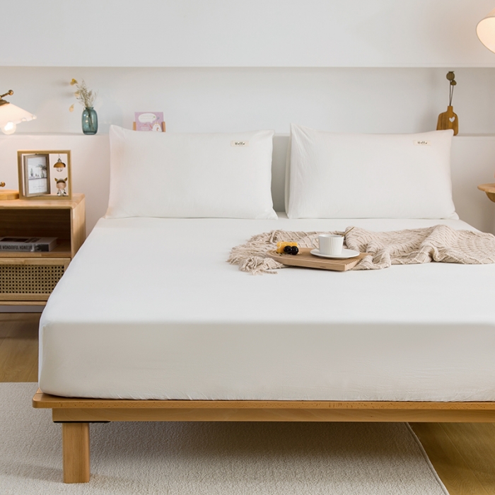 91家纺网 家纺一手货源 找家纺 柠萌2021新款全棉色织水洗棉单床笠 白色