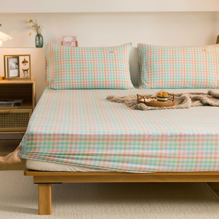 91家纺网 家纺一手货源 找家纺 柠萌2021新款全棉色织水洗棉单床笠 冰激凌格