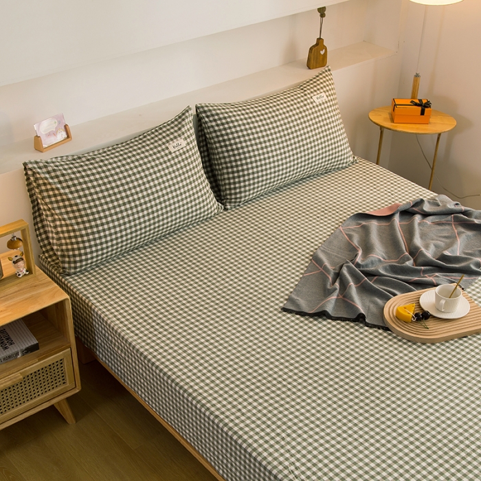 91家纺网 家纺一手货源 找家纺 柠萌2021新款全棉色织水洗棉单床笠 草绿小格