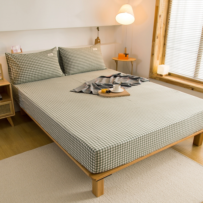 91家纺网 家纺一手货源 找家纺 柠萌2021新款全棉色织水洗棉单床笠 草绿小格