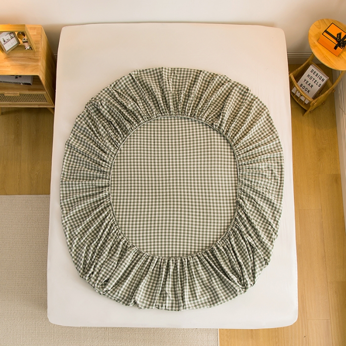 91家纺网 家纺一手货源 找家纺 柠萌2021新款全棉色织水洗棉单床笠 草绿小格