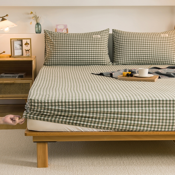 91家纺网 家纺一手货源 找家纺 柠萌2021新款全棉色织水洗棉单床笠 草绿小格