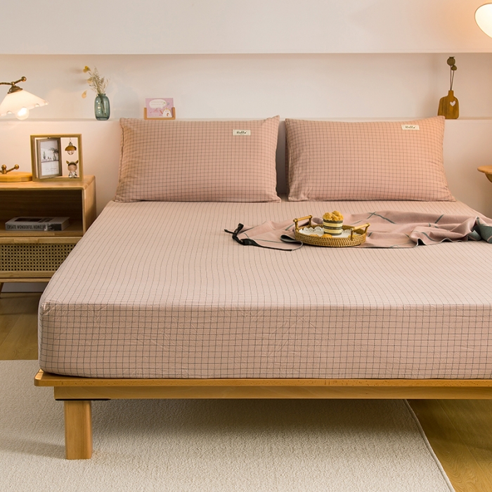 91家纺网 家纺一手货源 找家纺 柠萌2021新款全棉色织水洗棉单床笠 豆沙小格