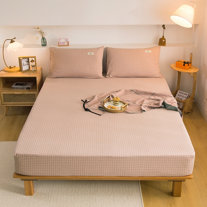 91家纺网 家纺一手货源 找家纺 柠萌2021新款全棉色织水洗棉单床笠 豆沙小格