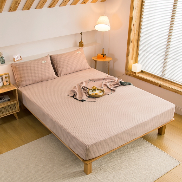 91家纺网 家纺一手货源 找家纺 柠萌2021新款全棉色织水洗棉单床笠 豆沙小格