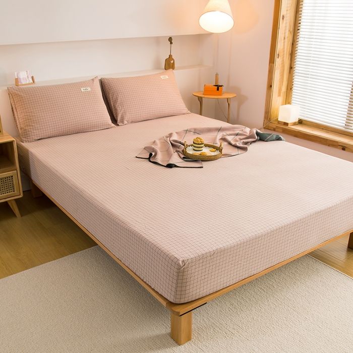 91家纺网 家纺一手货源 找家纺 柠萌2021新款全棉色织水洗棉单床笠 豆沙小格