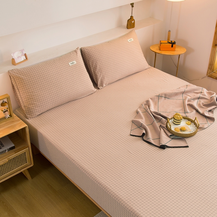 91家纺网 家纺一手货源 找家纺 柠萌2021新款全棉色织水洗棉单床笠 豆沙小格