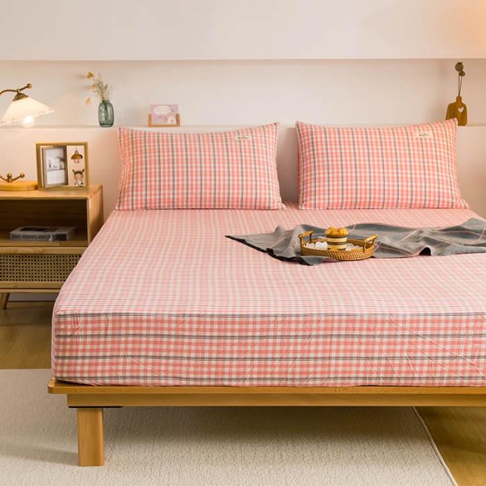 91家纺网 家纺一手货源 找家纺 柠萌2021新款全棉色织水洗棉单床笠 粉灰小格