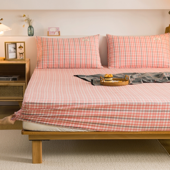 91家纺网 家纺一手货源 找家纺 柠萌2021新款全棉色织水洗棉单床笠 粉灰小格