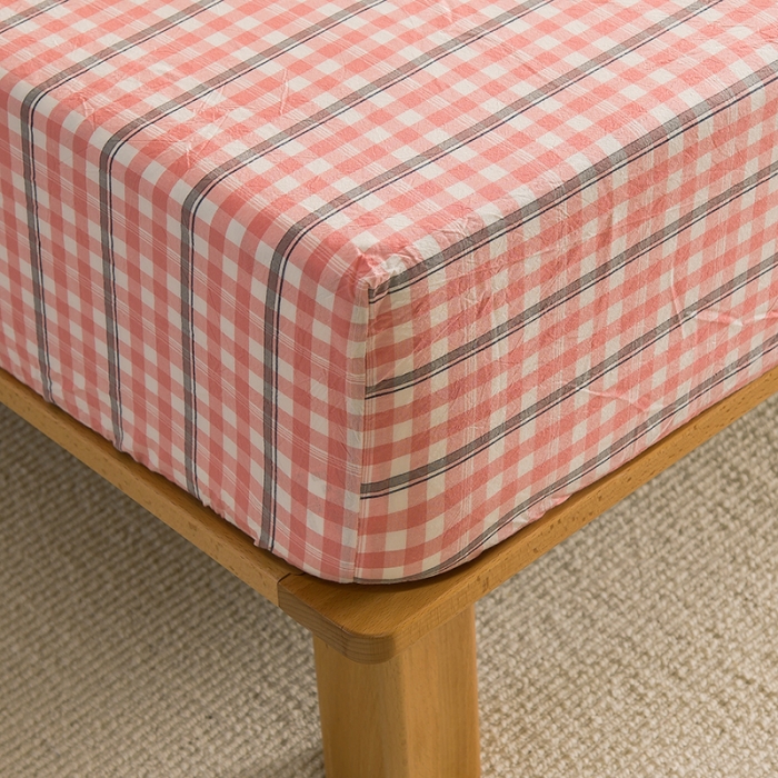 91家纺网 家纺一手货源 找家纺 柠萌2021新款全棉色织水洗棉单床笠 粉灰小格