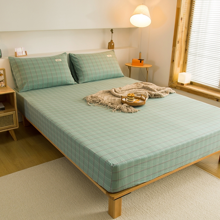 91家纺网 家纺一手货源 找家纺 柠萌2021新款全棉色织水洗棉单床笠 海蓝格