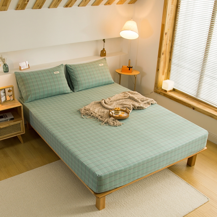 91家纺网 家纺一手货源 找家纺 柠萌2021新款全棉色织水洗棉单床笠 海蓝格