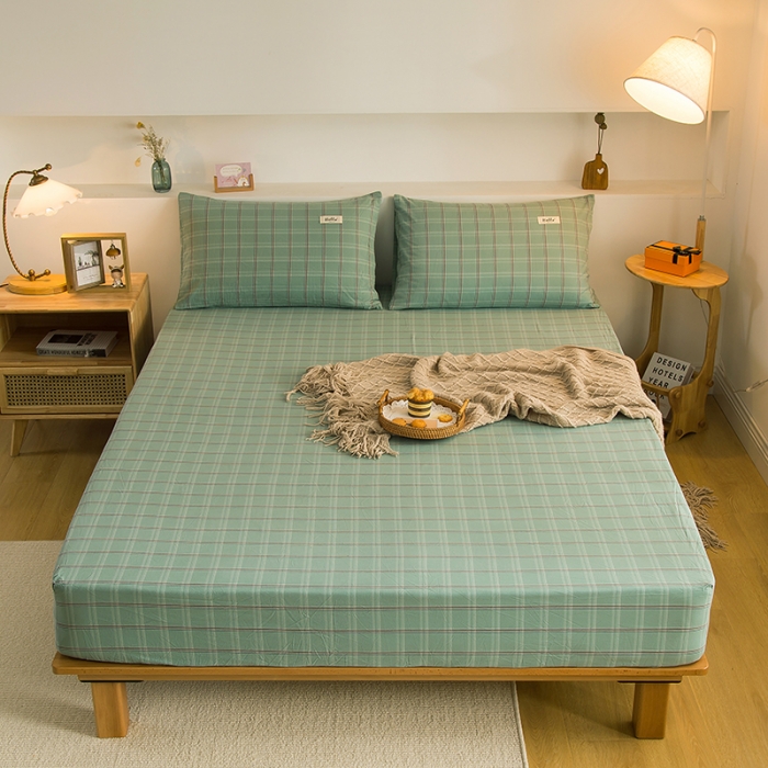 91家纺网 家纺一手货源 找家纺 柠萌2021新款全棉色织水洗棉单床笠 海蓝格