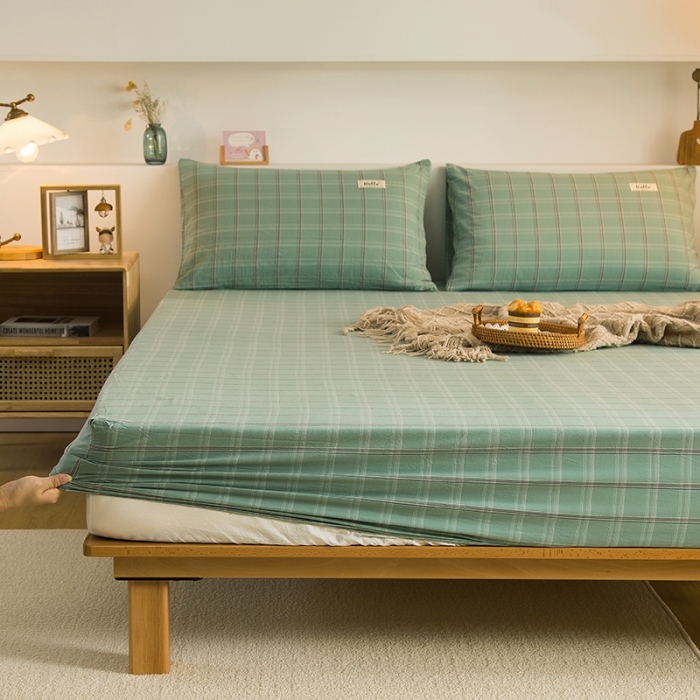 91家纺网 家纺一手货源 找家纺 柠萌2021新款全棉色织水洗棉单床笠 海蓝格