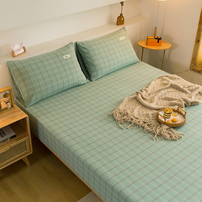 91家纺网 家纺一手货源 找家纺 柠萌2021新款全棉色织水洗棉单床笠 海蓝格