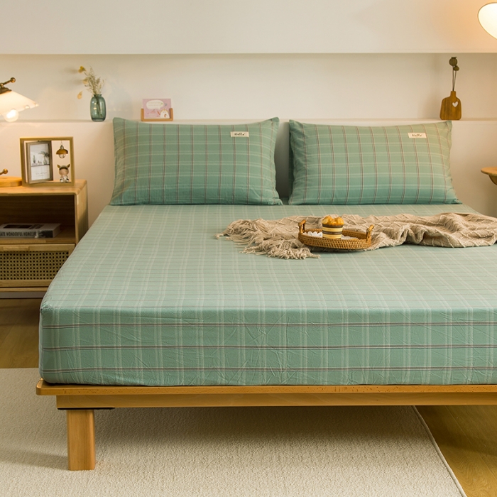 91家纺网 家纺一手货源 找家纺 柠萌2021新款全棉色织水洗棉单床笠 海蓝格