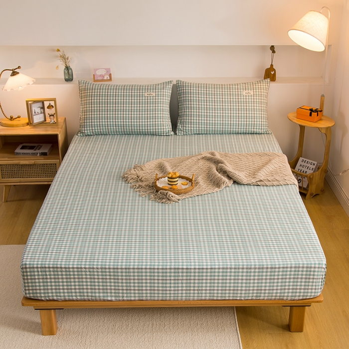 91家纺网 家纺一手货源 找家纺 柠萌2021新款全棉色织水洗棉单床笠 海蓝小格